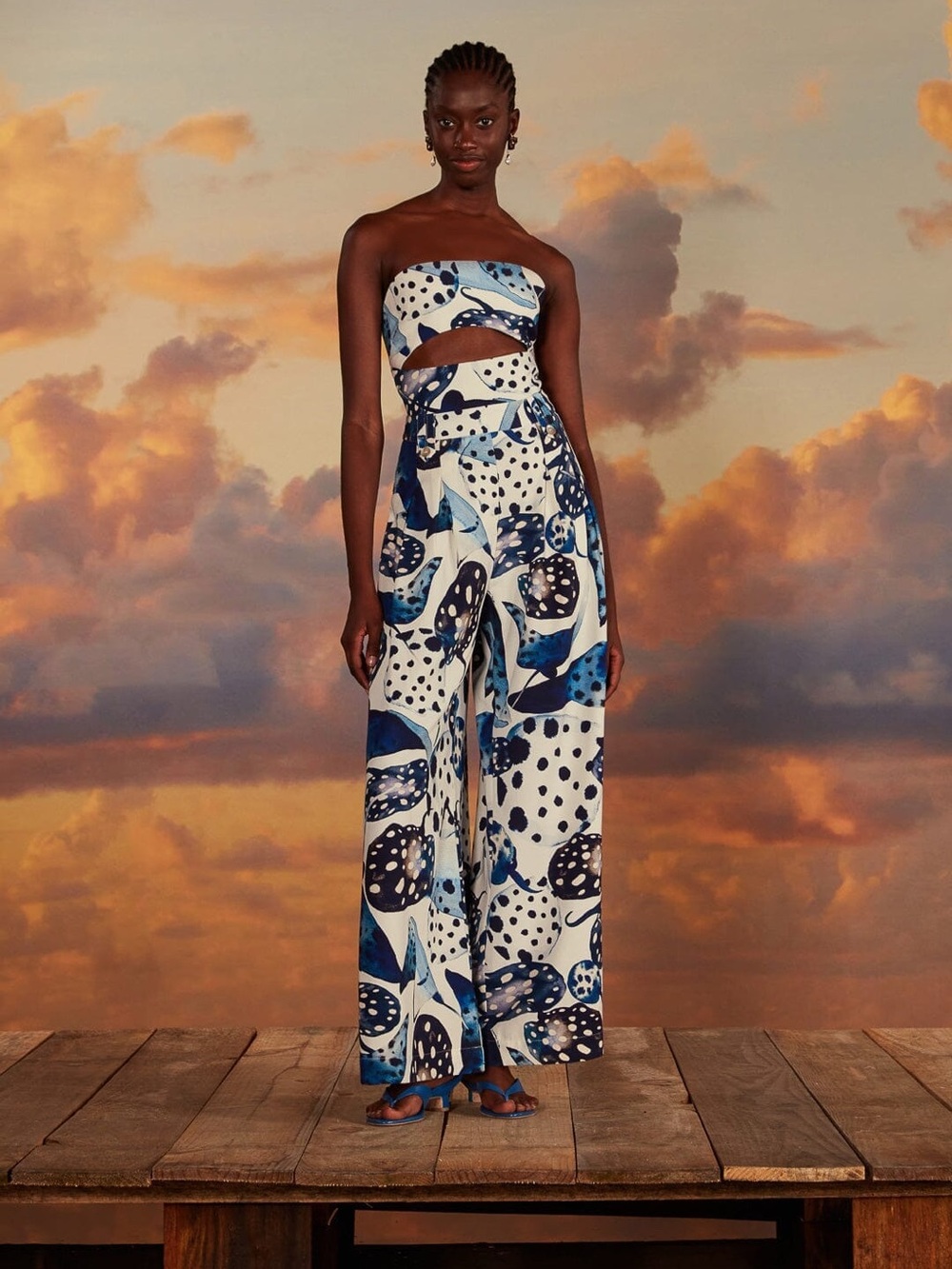 FARM Rio Blue & White Printed Strapless Wide-Leg Jumpsuit with Cutout